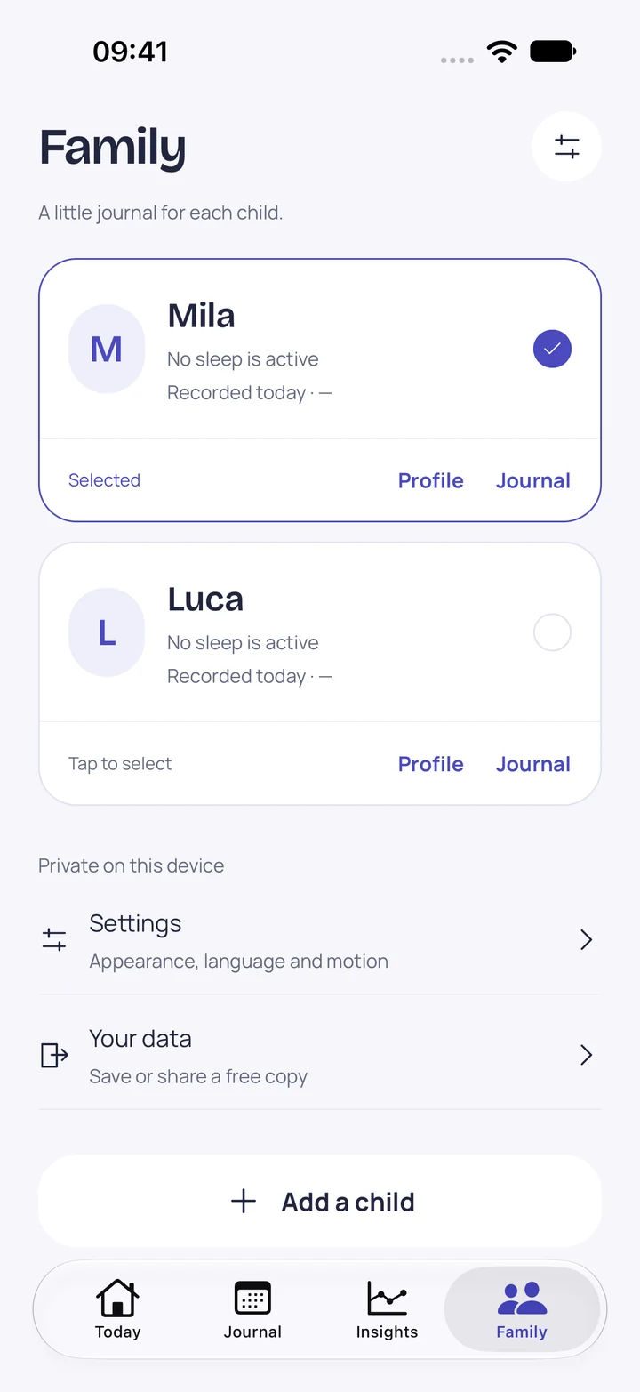 Mila and Luca have separate child profiles in Doozle