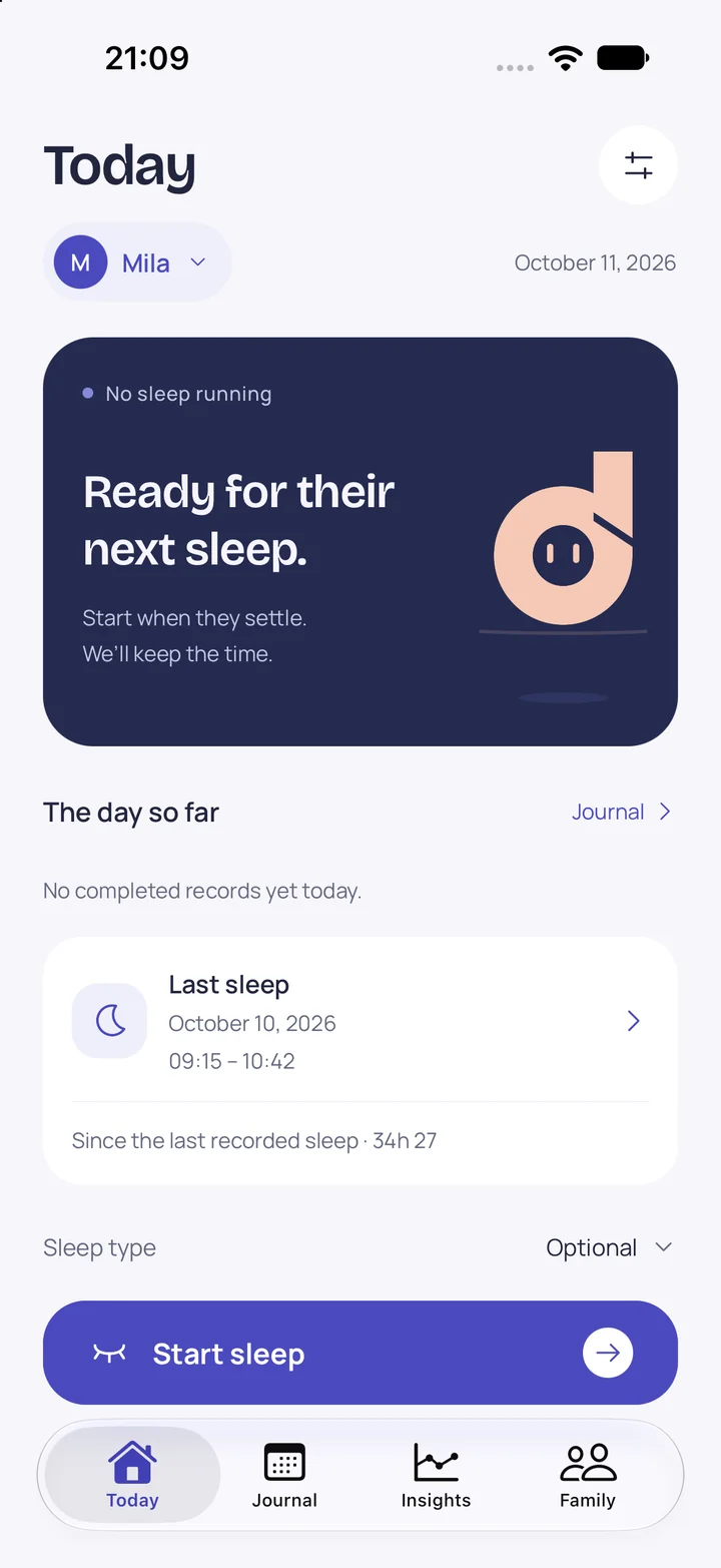 Doozle Today screen, with the last recorded sleep and Start sleep button