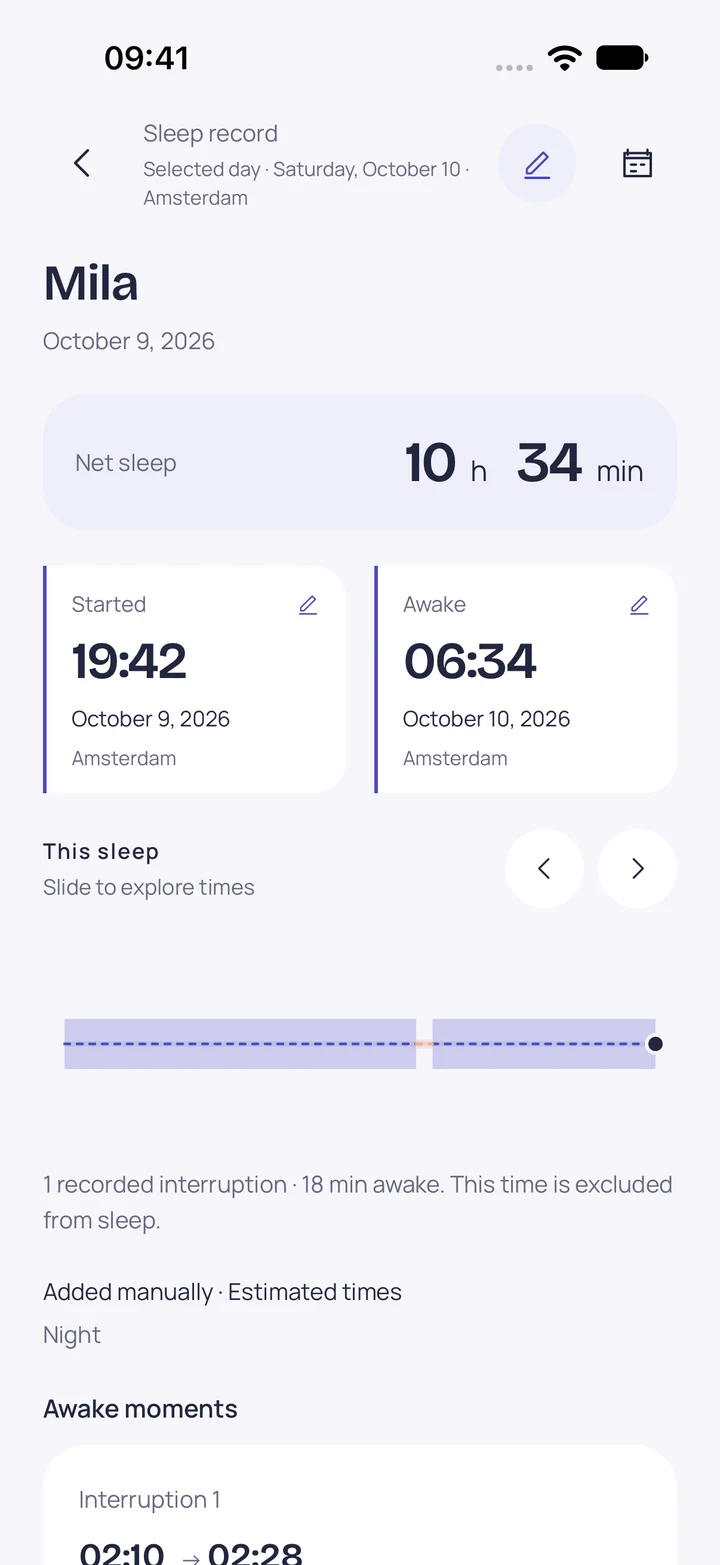 Doozle's saved sleep record: 19:42 to 06:34, 18 minutes awake, 10 hours 34 minutes asleep.